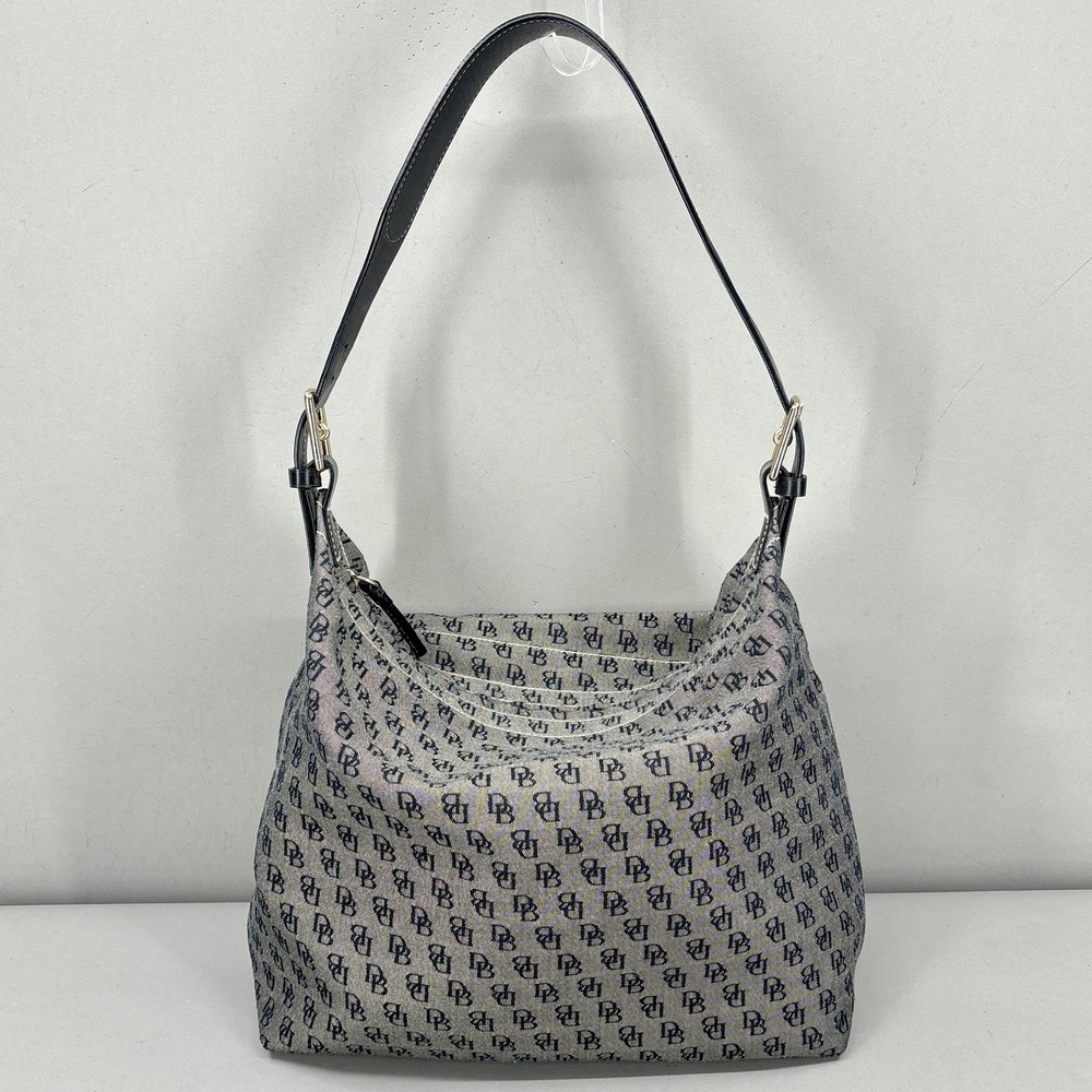 Dooney & Bourke Shoulder Bag Womens Medium Gray Monogram Canvas Leather Zip - Picture 1 of 12